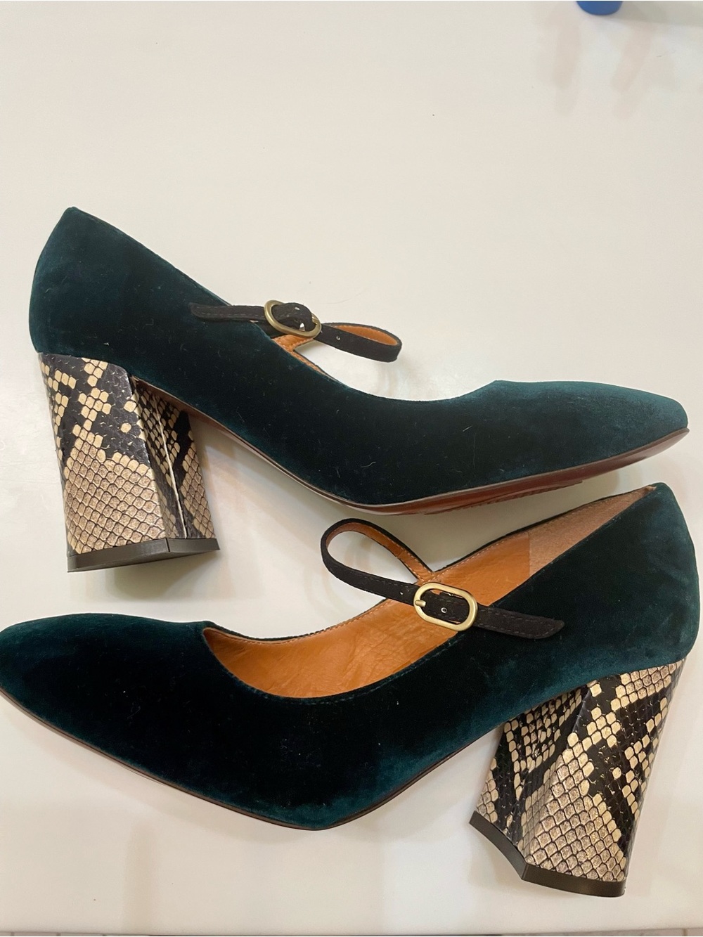Chie Mihara Vache Green Velvet Snakeskin Print Mary Jane Heels